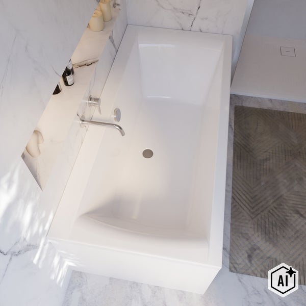 Moderne rechteckige Badewanne mit Armatur in einem Badezimmer mit Marmorfliesen und geometrischem Badteppich in der Draufsicht.