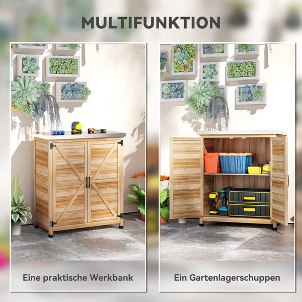 Multifunktionaler Gartenschrank aus Holz mit Metallplatte, dargestellt als geschlossene Werkbank und offener Aufbewahrungsschrank für Werkzeuge.