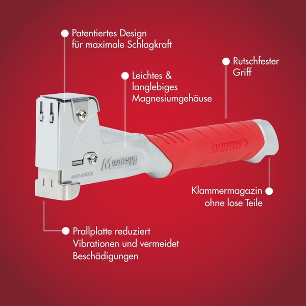 Arrow Hammertacker aus Magnesium mit rutschfestem Griff, Prallplatte zur Vibrationsreduzierung, integriertem Klammermagazin und Arrow Logo.