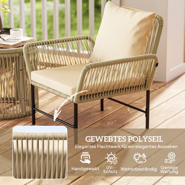 Gartensessel aus gewebtem Polyseil mit Kissen, handgefertigt, UV-Schutz, wetterbeständig und geringe Wartung.