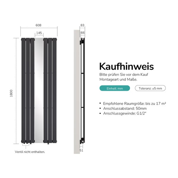 Maßzeichnung eines Designerheizkörpers mit Spiegel, Höhe 1800 Millimeter, Breite 608 Millimeter, Anschlussabstand 50 Millimeter.