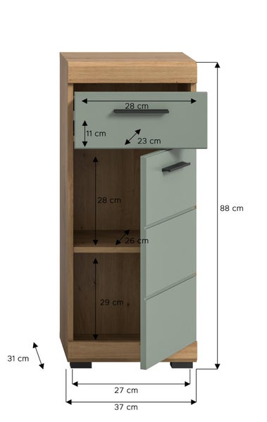 Badezimmer-Unterschrank mit Schublade und Tür: Höhe 88 Zentimeter, Breite 37 Zentimeter, Tiefe 31 Zentimeter, inklusive Innenmaße.