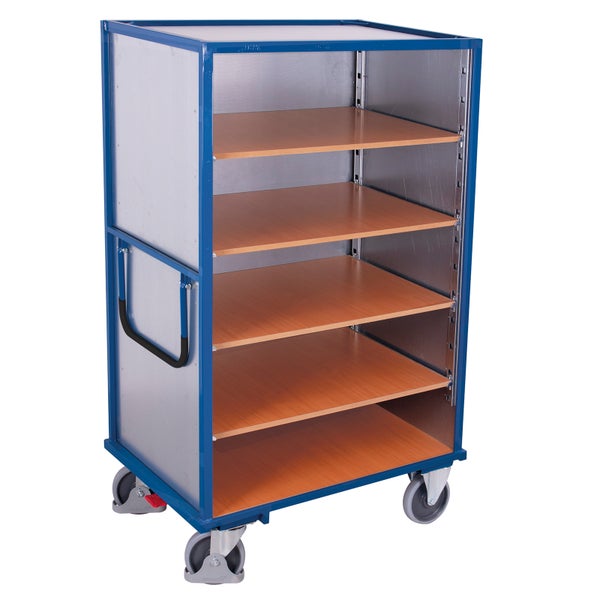 Blauer Etagenwagen mit Holzböden, verzinkten Seitenwänden, Schiebegriff und vier Lenkrollen für Lager und Transport.
