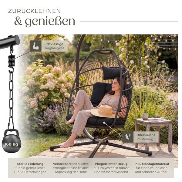 Hängesessel im Garten mit Metallgestell, verstellbarer Stahlkette, weichen Kissen aus Polyester und 160 Kilogramm Tragkraft.