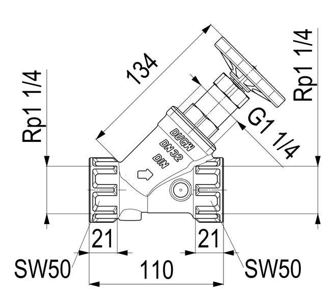 Technische Zeichnung eines Schrägsitzventils Nennweite 32 mit einer Länge von 110 Millimetern und Anschlüssen von 1 1/4 Zoll.