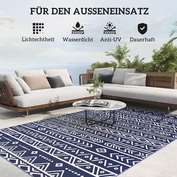 Outsunny Outdoor Teppich robuster Wetterfest Outdoorteppich, Carpet mit Boho-Style, Outdoor-Teppich für Wohnzimmer Balkon Garten Terrasse Bad Flur Küche, 182 x 274 cm Blau+Weiß