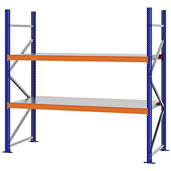 Schwerlastregal aus Metall mit zwei breiten Böden, blauen Rahmen und orangefarbenen Traversen für Werkstatt und Lager.
