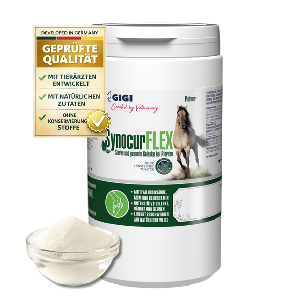 SynocurFLEX Ergänzungsfuttermittel für Pferde, Pulver zur Unterstützung von Gelenken und Bändern, geprüft in Deutschland, mit natürlichen Zutaten.