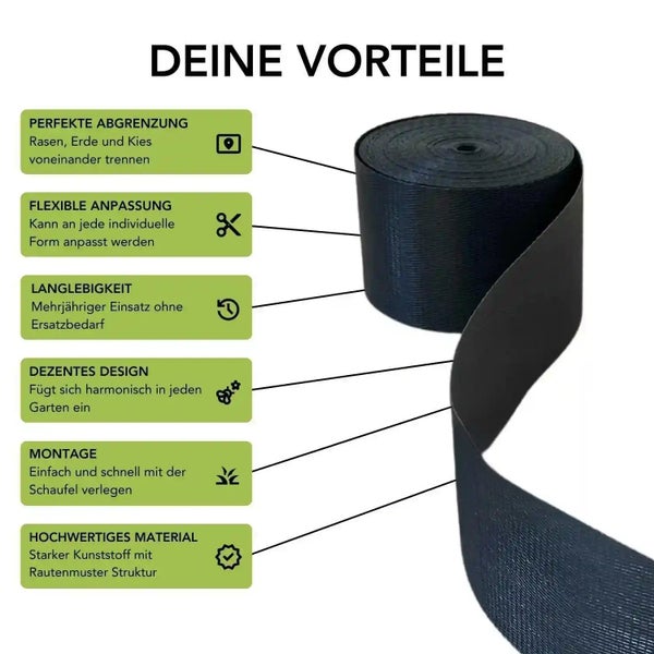 Infografik zeigt die Vorteile einer flexiblen Kunststoff Rasenkante auf Rolle zur Trennung von Rasen, Erde und Kies.