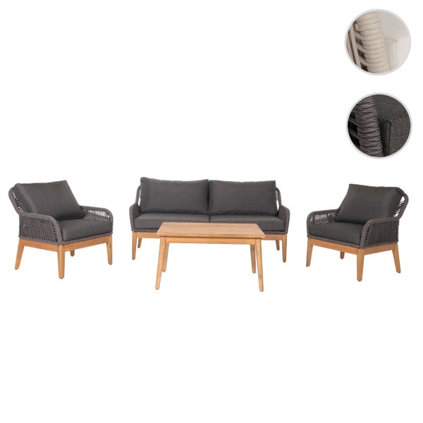 Garten-Lounge-Set aus Holz und Seilgeflecht mit einem Sofa, zwei Sesseln und einem Tisch inklusive Polstern.