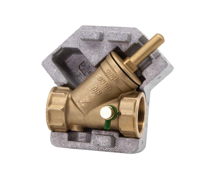 Schrägsitzventil aus Messing DN 40 in grauer Transportsicherung.