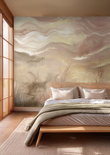 Helles Schlafzimmer mit Landschaftstapete, Bett und Teppich für eine freundliche Atmosphäre