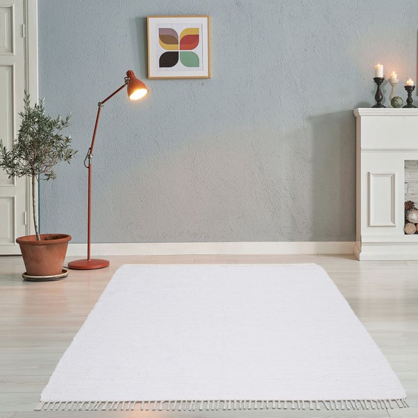 Handgewebter Fleckerlteppich aus Baumwolle Chindi Weiß 70x140 cm