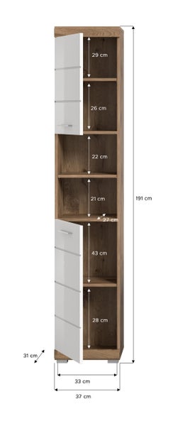Hochschrank in Holzoptik mit weißen Fronten, Maße: Höhe 191 Zentimeter, Breite 37 Zentimeter, Tiefe 31 Zentimeter, mit Angabe der Fachhöhen.