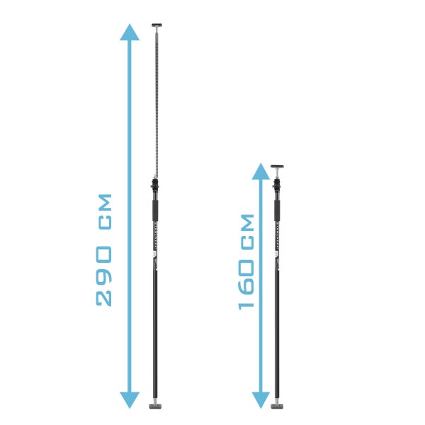 Zwei schwarze STAHLWERK Teleskopstützen aus Metall, ausziehbar mit gummierten Endplatten.