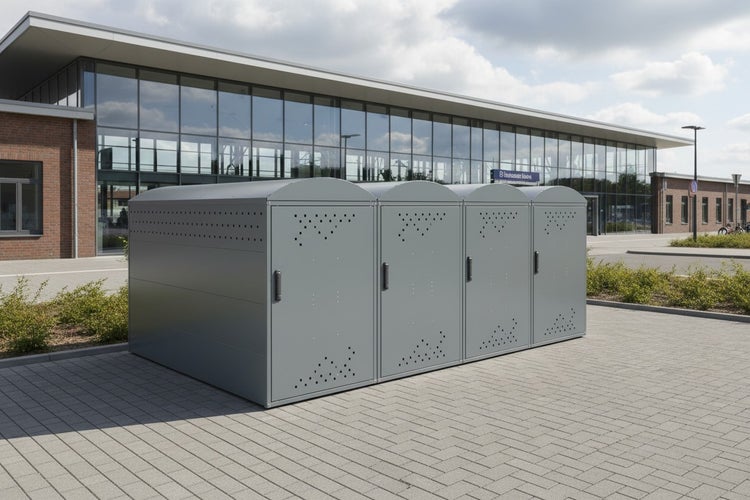 Mehrere Fahrradboxen aus Metall vor einem Gebäude