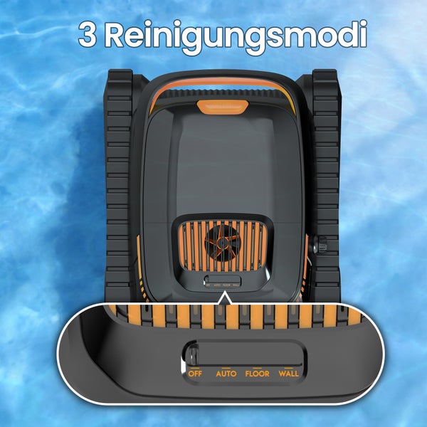 Poolreinigungsroboter im Wasser mit Detailansicht der drei Reinigungsmodi für automatische Reinigung, Boden und Wand.