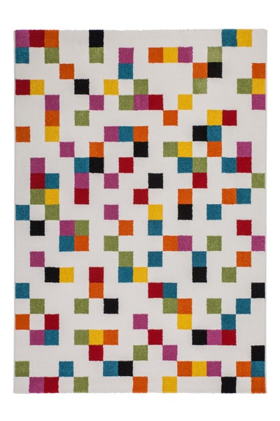 Rechteckiger Teppich mit buntem Pixelmuster aus kleinen Quadraten auf hellem Grund.