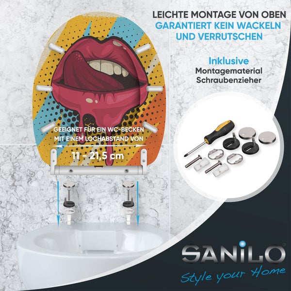 Sanilo WC-Sitz mit Lippen-Motiv und Montagematerial für die einfache Montage von oben auf der Toilette.