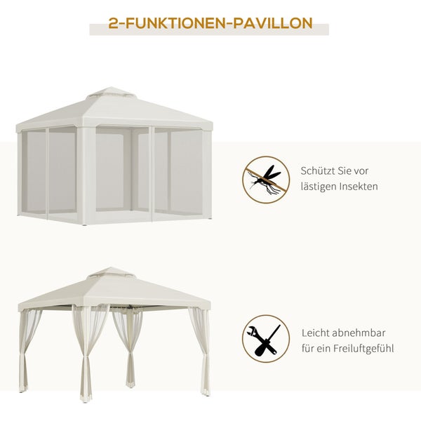 Outsunny Pavillon, Gartenpavillon, 2,94 x 2,94 x 2,65 m, Metall + Polyester, Cremeweiß