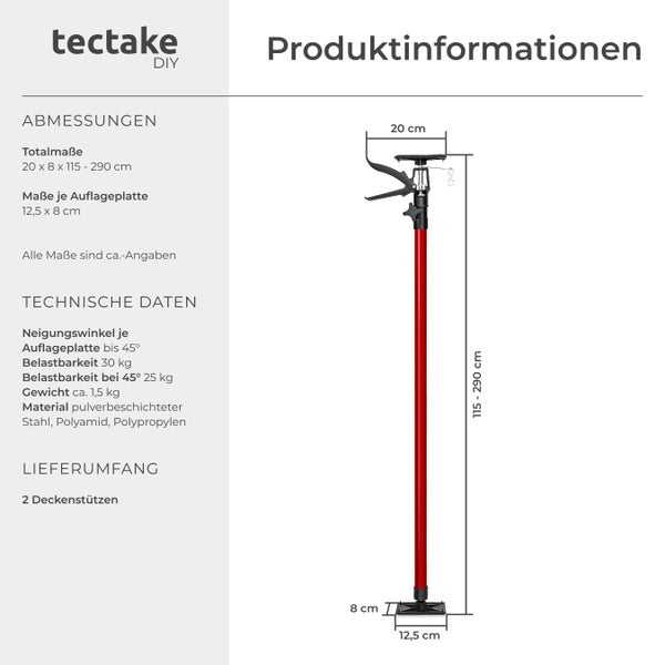 Technische Zeichnung einer Deckenstütze mit Maßangaben und Produktinformationen.