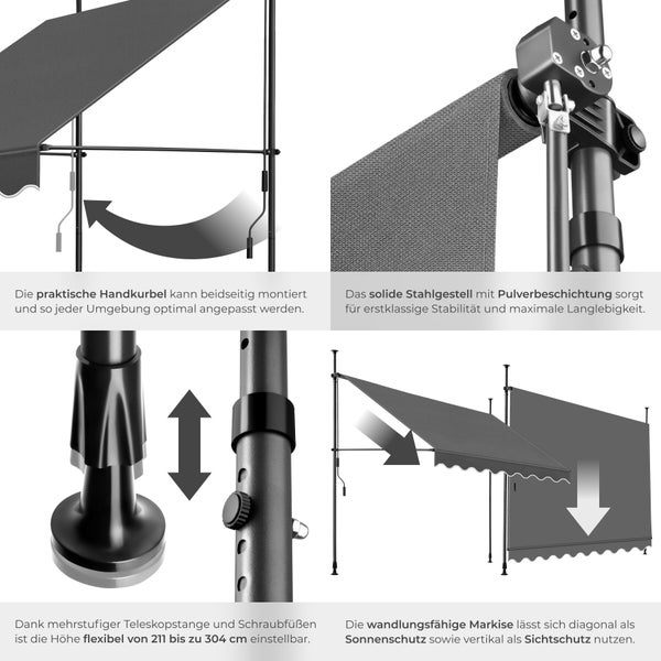 Detailansicht einer Klemmmarkise mit verstellbarer Höhe von 211 bis 304 Zentimeter, beidseitig montierbarer Handkurbel und Stahlgestell.