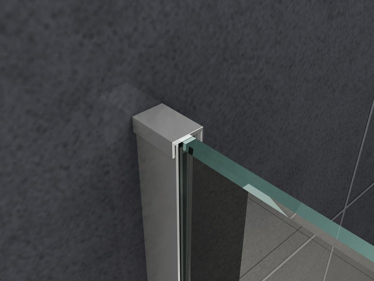 Detail einer Duschkabine mit Glaswand und silberfarbenem Rahmen