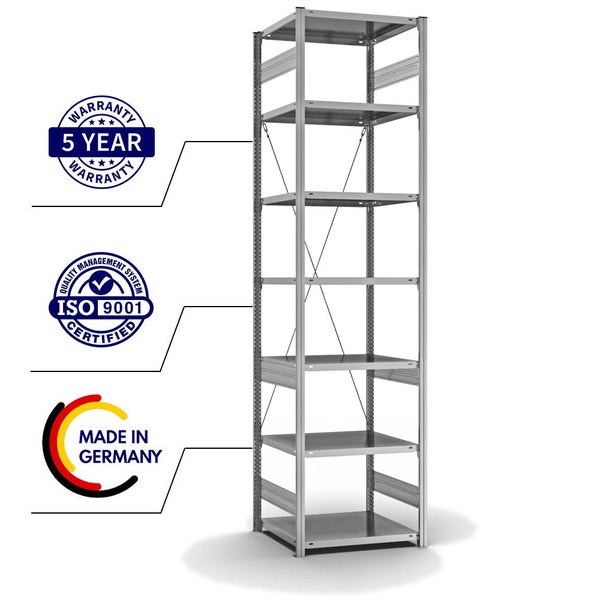 PROREGAL Fachbodenregal Stecksystem T-Profil Light-Duty Grundregal HxBxT 300 x 75 x 60 cm 7 Ebenen Fachlast 140 kg Einseitig Nutzbar Verzinkt