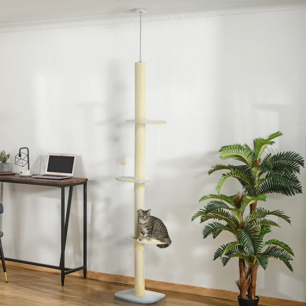 PawHut Kratzbaum, Deckenhoch Katzenbaum, 220-260 cm Höhenverstellbar Katzenkratzbaum, Spielbaum mit Kippschutz, Kletterbaum mit Spielball, Plüsch, Gelb