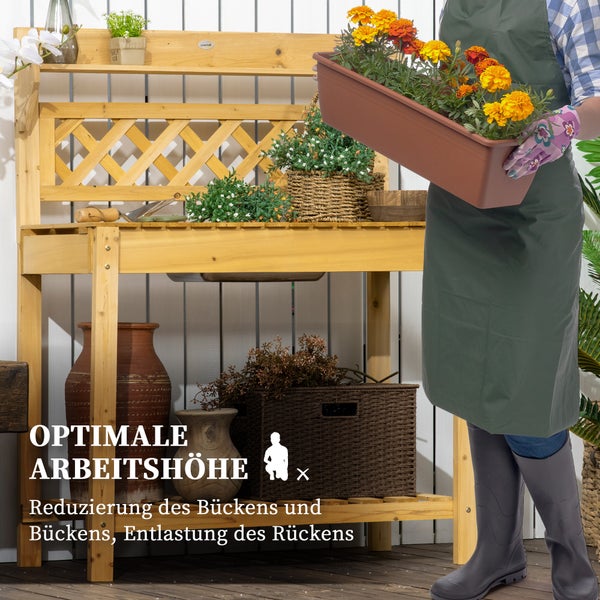 Outsunny Pflanztisch, Arbeitstisch mit ausziehbarer Tischplatte, 2 Ablagefächern, Gärtnertisch mit integriertem Edelstahl-Spülbecken, Blumentisch aus Massivholz, 92 x 45 x 120 cm, Braun