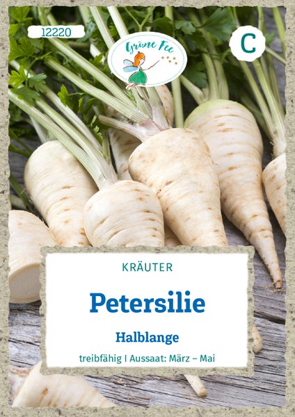Samenpackung für Wurzelpetersilie Halblange von Grüne Fee, Aussaat von März bis Mai, Grüne Fee Logo.