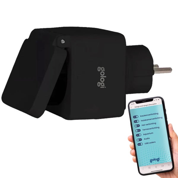Gologi Logo, Smarte Steckdose mit Zeitschaltuhr und Smartphone mit App