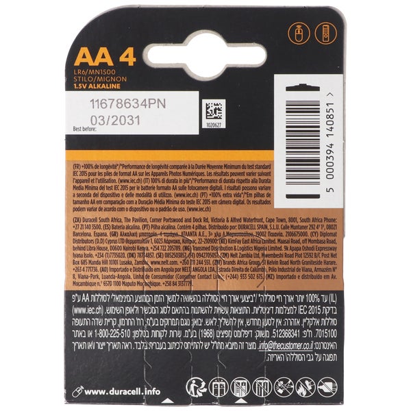 DURACELL Mignon AA LR6 4er Pack Alkaline Batterie 5000394140851