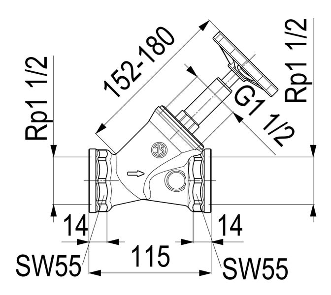 Maßzeichnung eines Schrägsitzventils mit Anschluss Rp 1 1/2 Zoll, Baulänge 115 Millimeter und variabler Höhe 152 bis 180 Millimeter.