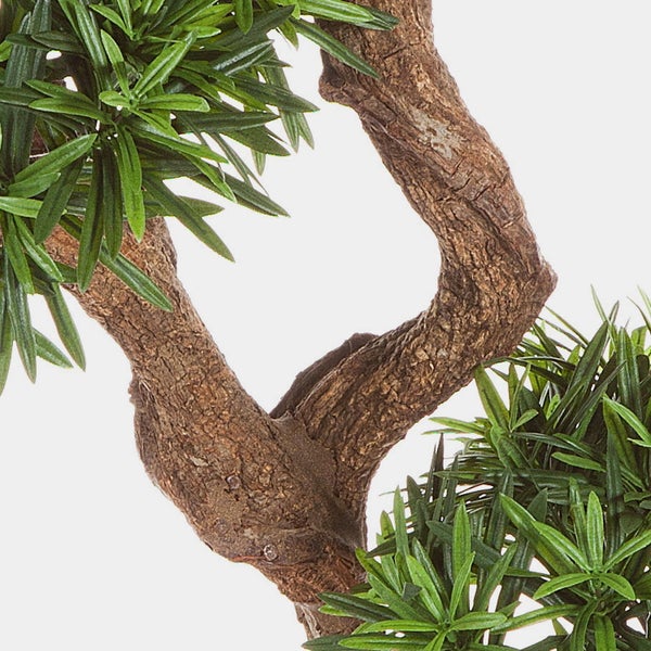 Künstlicher Podocarpus Bonsai im schwarzen Topf mit geschwungenem Stamm und grünen Nadeln.