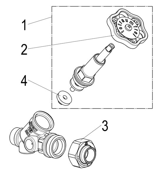 Technische Explosionszeichnung eines Ventils mit Handgriff, Spindel, Dichtung und Anschlussmutter.