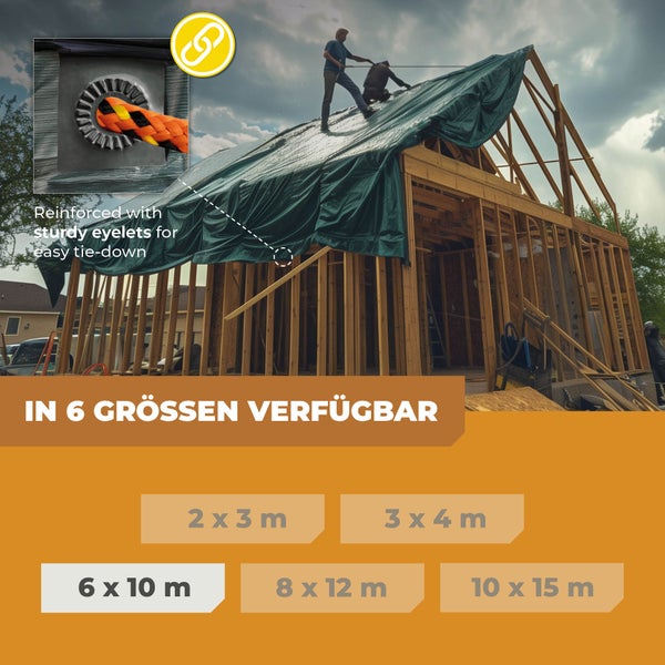 Arbeiter befestigen eine grüne Abdeckplane auf einem Hausdach. Detailaufnahme einer verstärkten Öse. In 6 Größen erhältlich.