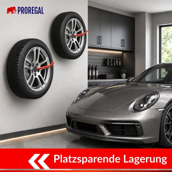 Wandhalterung fuer Reifen von Proregal zur platzsparenden Lagerung von Komplettraedern in einer modernen Garage mit einem Sportwagen.