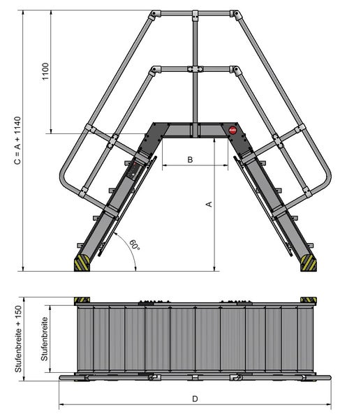 Technische Zeichnung einer Treppenanlage mit Maßen
