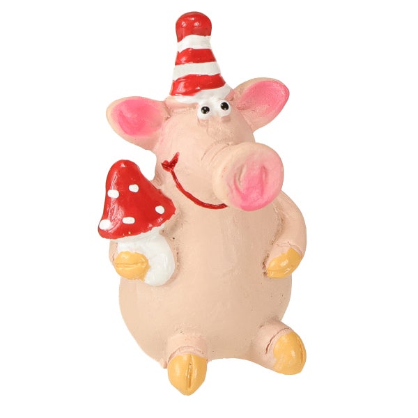 Dekorative Schweinefigur mit Partyhut und Pilz