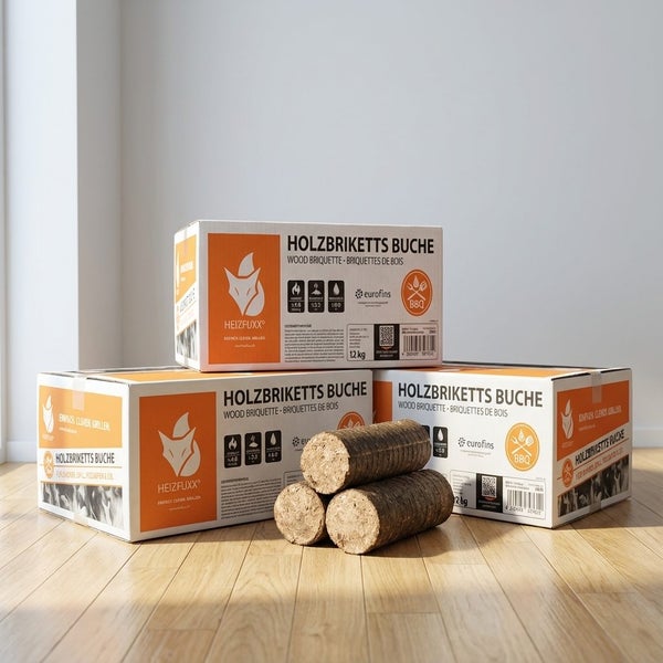 Drei Kartons Heizfuxx Holzbriketts aus Buche zu je zwölf Kilogramm und drei lose Briketts auf einem Boden in Holzoptik.