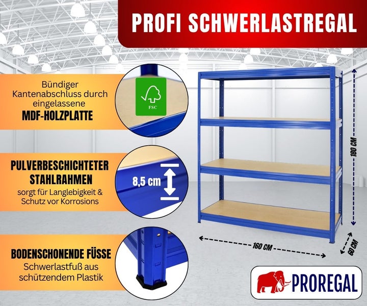 Schwerlastregal aus pulverbeschichtetem Stahl, vier MDF-Platten, 180 mal 160 mal 60 Zentimeter, bodenschonende Füße, nachhaltiges Holz, PROREGAL Logo.