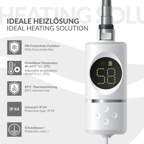 ML-Design Heizstab 600W Weiß mit Thermostat und LCD Bildschirm, Elektronischer Temperaturregler und Timing-Funktion, Heizpatrone Heizelemente für Badheizkörper Heizungen, Elektroheizstab mit Stecker
