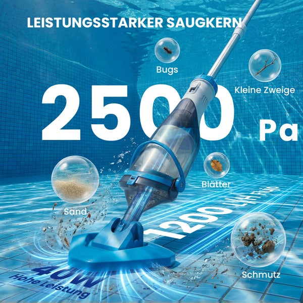 Poolsauger reinigt Fliesenboden unter Wasser mit 2500 Pascal Saugkraft und 40 Watt Leistung für Sand, Blätter und Insekten.