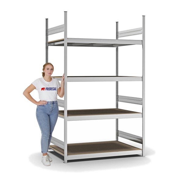 PROREGAL Weitspannregal Stecksystem T-Profil Grundregal HxBxT 250x150x80 cm 4 Ebenen Spanplatten Fachboden Fachlast 350 kg Verzinkt