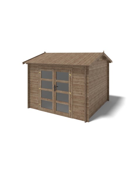 Gartenhaus aus Holz mit Satteldach und einer Doppeltür mit Lichtausschnitten.