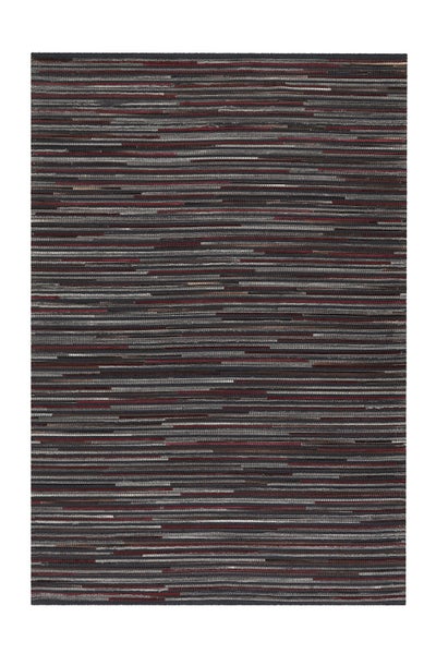 Flachgewebter Teppich mit horizontalem Streifenmuster in Grau, Schwarz und Rot.