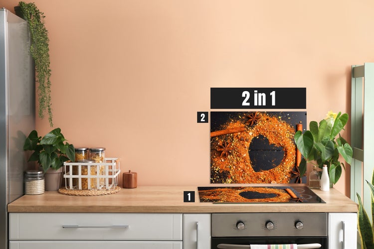 Herdblende-/Abdeckplatte Abdeckplatte Herd - Acrylglas Gewürze Herz | Spritzschutz | Küchenrückwand |  Lokal produziert Camping | COV00055 | 60cm x 52cm  x 0.4cm