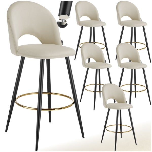 Set aus sechs Barhockern mit Stoffbezug, Metallgestell und Fußstütze