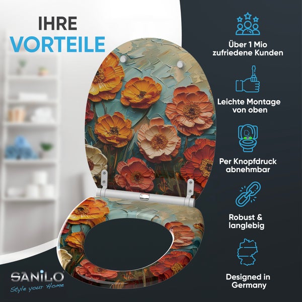 Sanilo WC Sitz mit Blumenmuster und Vorteilsübersicht